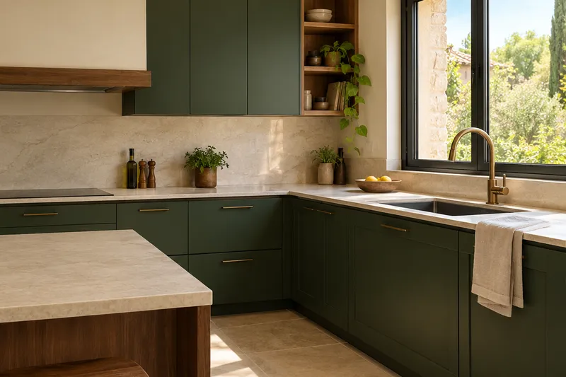 Visualización conceptual IA de cocina: Cocinas de Germán Hidalgo. Detalle de materiales y distribución.