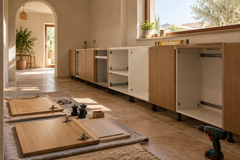 Visualización conceptual IA: Módulos de cocina en montaje con puertas pendientes de colocar.